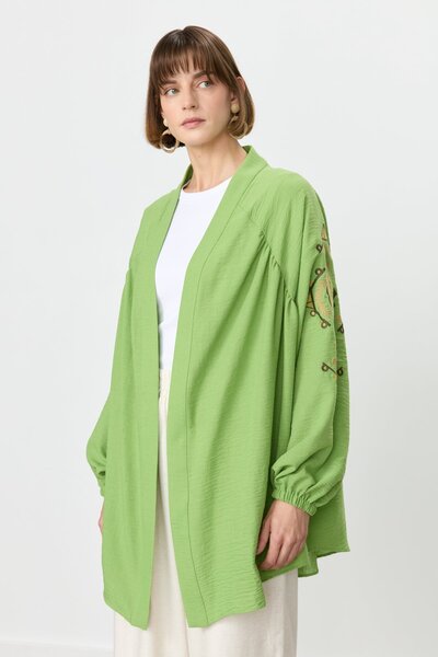 Nihan Nakış Detaylı Keten Kimono - Fıstık Yeşili