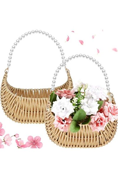 Arabest 2-Piece Rattan Flower Girl Basket,Pearl Handle,Small Half Moon Wicker...