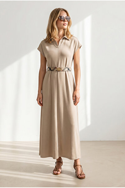 Olalook فستان نسائي من قماش التشاير بياقة بولو وجيوب وتفاصيل مزينة بأزرار ELB...