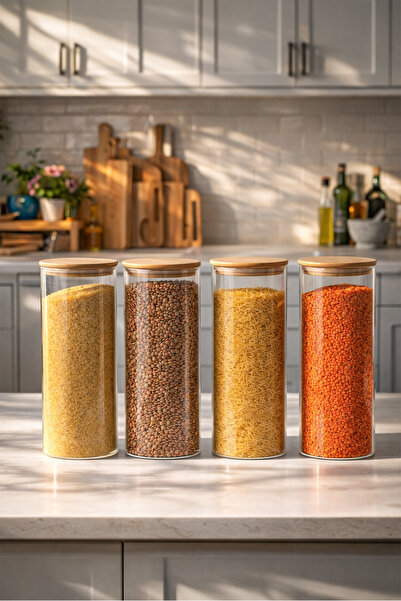 Porsima 4-4 Bamboo Vacuum Lids Round Borosilicate Glass 4-Piece Jar Set Stora...
