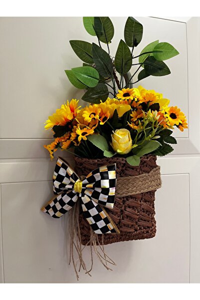 GÜLHOBY Mackenzie Patterned Ribbon Checkered Bow Straw Look Basket Sunflower ...