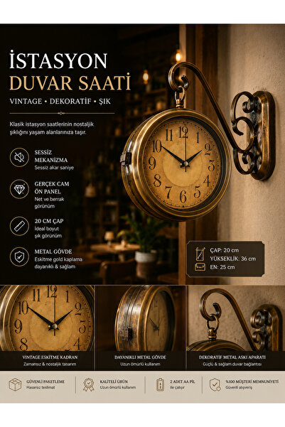 KOLAYEV Dekoratif Eskitme İstasyon Saati Çift Taraflı Vintage Metal Duvar Saati