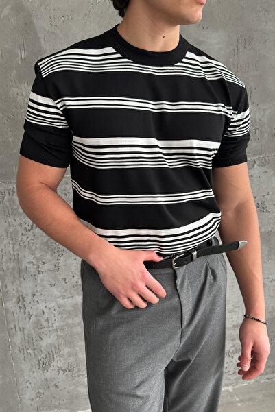 HYMAN Men's Crew Neck Oversize Striped Knitwear T-Shirt