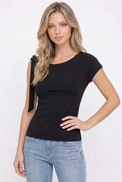 Tudors Women's Slim Fit Tight-Fitting Short-Sleeved Boat Neck Black Blouse
