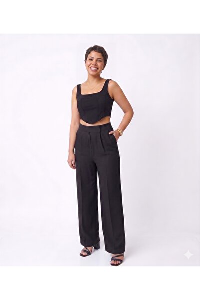 MADAME MELEK Beli Velcro Closure Palazzo Trousers Ayrobin Linen Fabric High W...