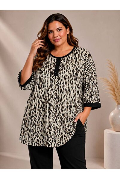 garajmood Black Patterned Standard Size 50,52,54,56,58 Plus Size Blouse