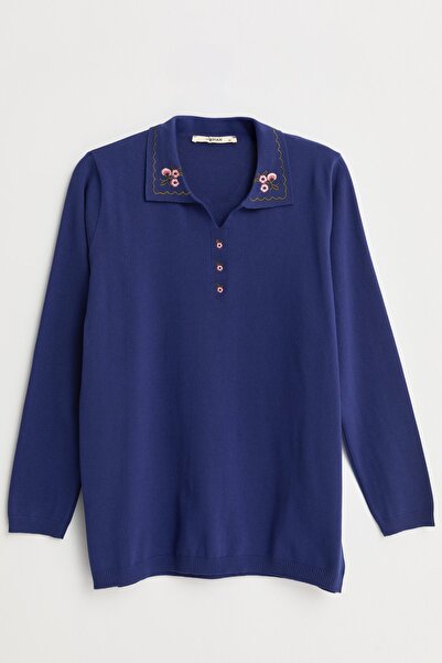 Nihan Plus Size Embroidered Polo Collar Viscose Sweater - Navy Blue