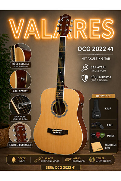 valares QA2022-41 41” Akustik Gitar Sap Ayarlı Köşe Korumalı Gloss Natural Fu...