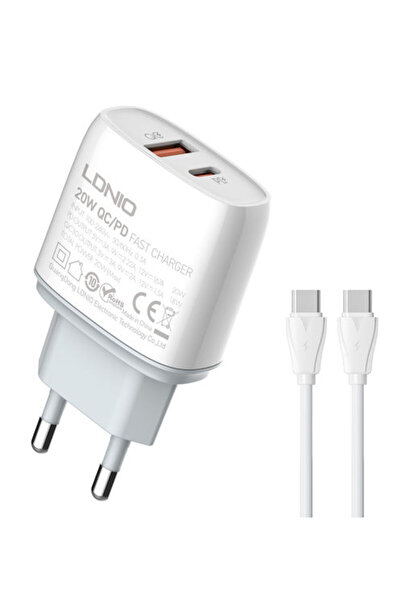 LDNIO Φορτιστής με θύρα USB-A και θύρα USB-C και καλώδιο USB-C σε USB-C, 20W ...