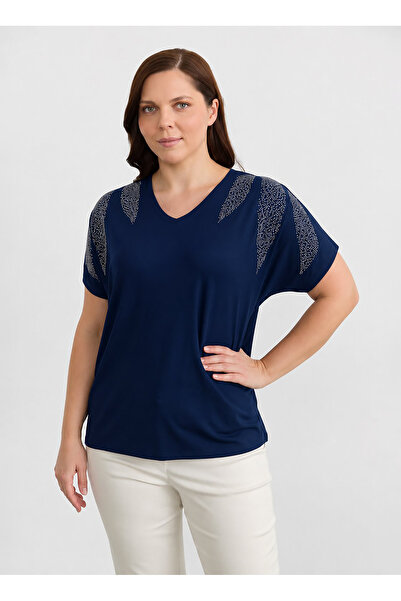 Selen Lacivert Kadın Taşlı Normal Fit Bluz 26YSL8347