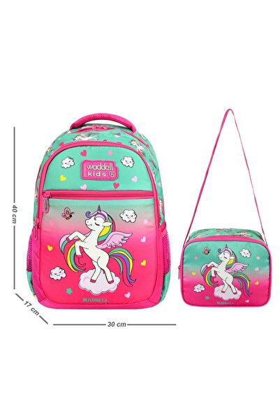 Waddell Lisanslı Pembe Unicorn Desenli İlkokul Çantası Beslenme Çantalı 24301