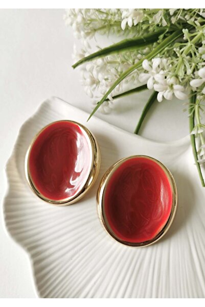 Halley Concept Red Enamel Plated Steel Oval Vintage Earrings 4X5 cm