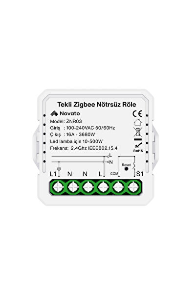 Novato Zigbee Nötrsüz Tek Çıkışlı Akıllı Röle - Tuya / Smart Life Uyumlu