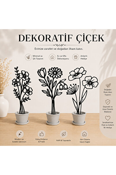 Minimalist Dekoratif Saksılı Çiçek Seti Üçlü– Modern Masa Üstü Biblo