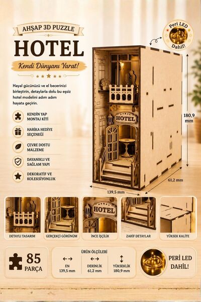 ALGWOOD Hotel Book Nook – Lazer Kesim Ahşap 3D Puzzle | DIY Otel Kitaplık Dekor