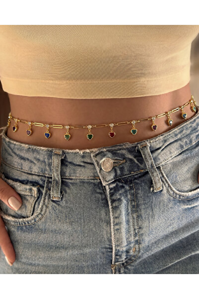 Gleemy accesories Gold Renk Sallantılı Zirkon Taşlı Kalp Figürlü Zarif Bel Zi...