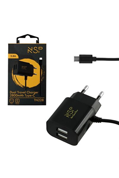 NSP TN228 Μαύρος Φορτιστής ταξιδιού Dual USB-A με ενσωματωμένο καλώδιο Type-C...