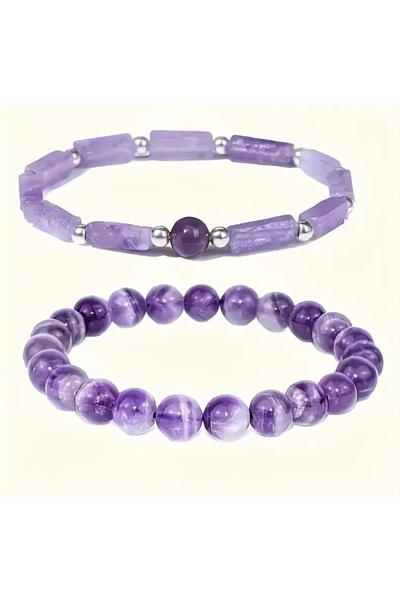 best bioenerji taş terapi Amethyst Natural Stone Bracelet Double Set 8mm Bott...
