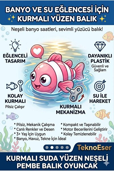 TeknoEser Kurmalı Yüzen Pembe Balık Banyo Oyuncağı Pilsiz Mekanik Su Oyuncağı