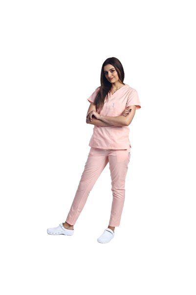 RUNI Costum medical piersica cu bluza cu anchior in forma V si pantaloni cu e...