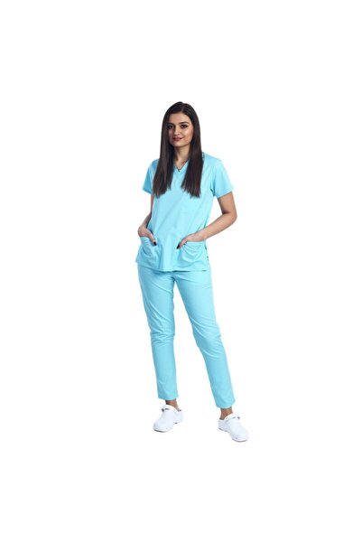 RUNI Costum medical menta cu elastan, dama, bluza cu anchior in forma V si pa...