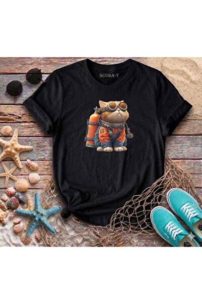 ScubaPromoTurkey Scuba Cat Visually Printed Black Cotton T-Shirt