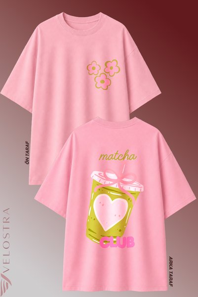 Velostra Women's Matcha Club Printed Oversize Crew Neck Cotton Casual Combed Cotton T-Shirt