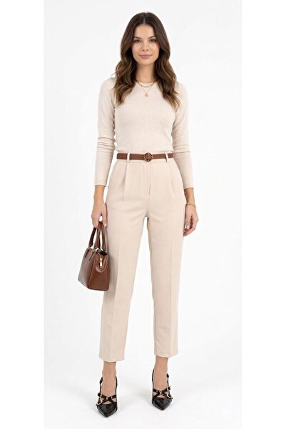 mor butik Women's Stone-Colored Slim-Fit Pleated Belted Seasonal Fabric Trousers