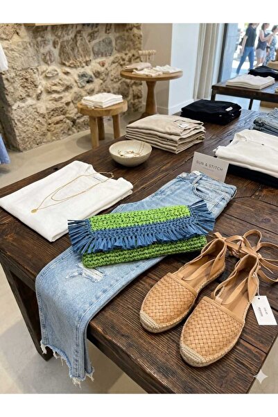 Eylül Deniz Handmade El Örgüsü Mavi Yeşil Püsküllü Çıtçıtlı Doğal Rafya El Ça...