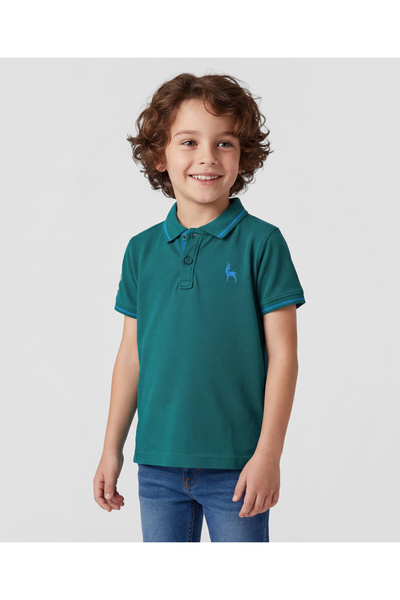 Pine kids قميص بولو قطني محبوك بأكمام نصفية مع تطريز على شكل غزال - أخضر