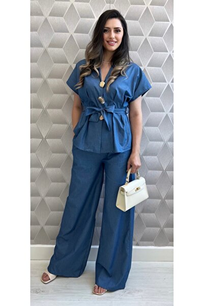 styleFlex Women's %100 cotton suit - Top Bottom Set with shirt, gold brooches...