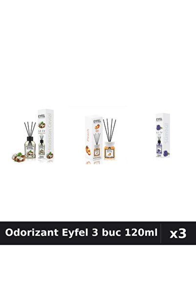 Eyfel Set 3 Odorizante Camera cu Betisoare 120ml - Nuca Cocos, Piersica, Zambile