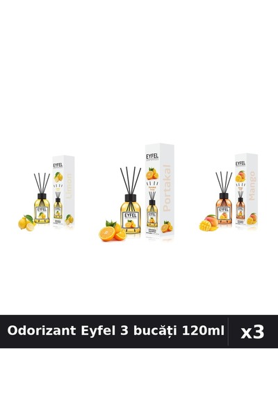 Eyfel Set 3 Odorizant Camera cu Betisoare - Lămâie, Portocală, Mango 120ml