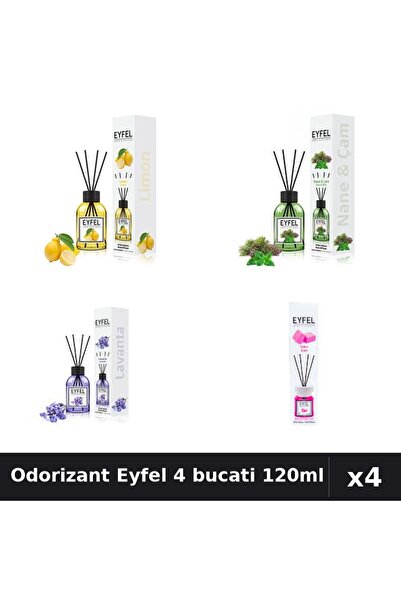 Eyfel Set 4 Odorizante Camera cu Betisoare - Lamaie, Lavanda, Pin Menta, Bubb...