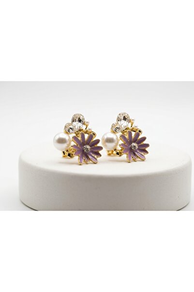 Nior Fashion Gold Color Steel Purple Flower Earrings, Pearl Detailed Zircon S...