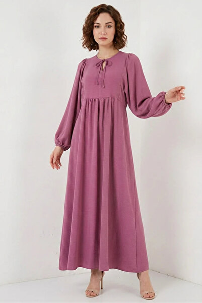 Generic Brand Women's Gathered Waist Balloon Sleeve Dusty Rose Hijab Dress