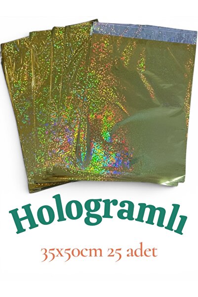 Hologramlı Hediye Paketi 25 adet 35x50 Altın Hazır Yapışkanlı Hediye Poşeti