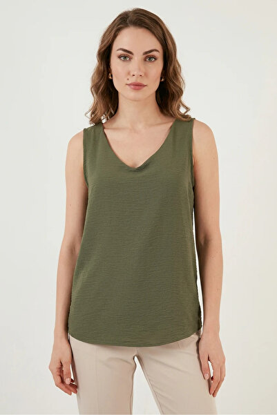 buğrahayalin Women's V-Neck Zero Sleeve Khaki Blouse