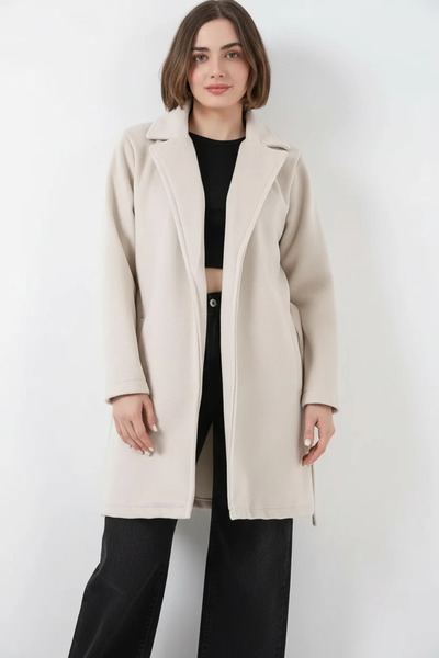 buğrahayalin Women's Wide Collar Belted Cotton Ecru Coat