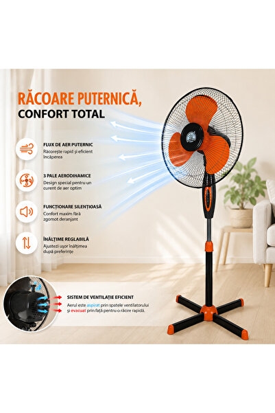 FOXMAG24 Ventilator pe picior de 16 inch (40 cm) cu pale portocalii și bază î...