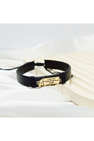 BLACK SWAN Bijoux Bratara piele cadou soferi camion/TIR din aur 14k cu mesaj ...