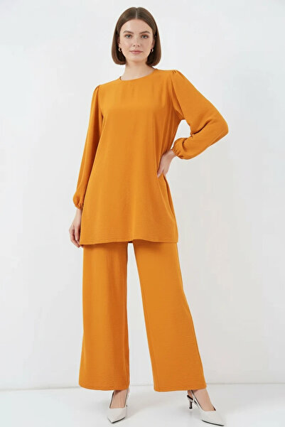 buğrahayalin Women's Round Neck Puff Sleeve Mustard Tunic Pants Bottom Top Set