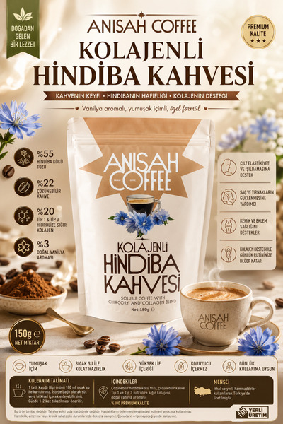 Anisah Coffee Kolajenli Hindiba Kahvesi 150 Gr Vanilya Aromalı Çözünebilir Ka...