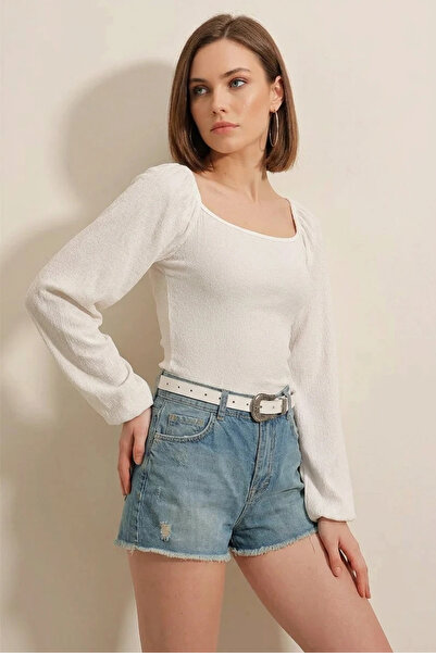 buğrahayalin Women's Square Neck Balloon Sleeve White Blouse