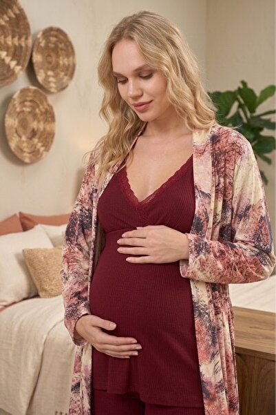 Pelin Women's Patterned Burgundy Lace 3-Piece Maternity Pajama Set with Dress...