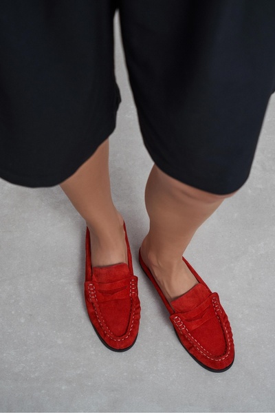 NİŞANTAŞI SHOES Debra Red Suede Leather Flat Sole Women's Loafer Slippers