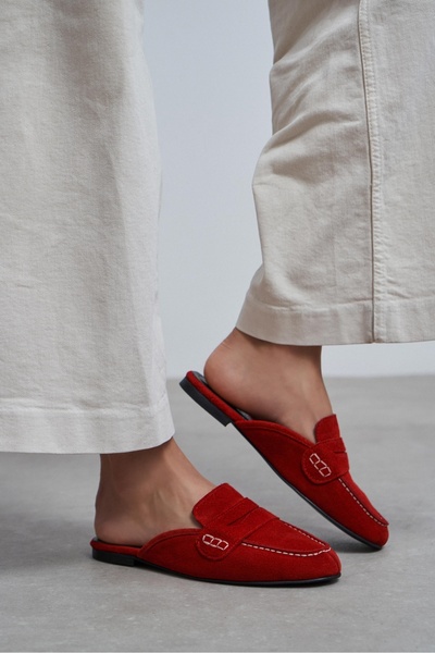 NİŞANTAŞI SHOES Γυναικείες παντόφλες Loafer Harvey Red από γνήσιο δέρμα εσωτε...