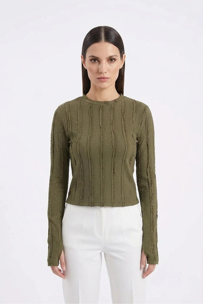 buğrahayalin Women's Round Neck Textured Khaki Blouse