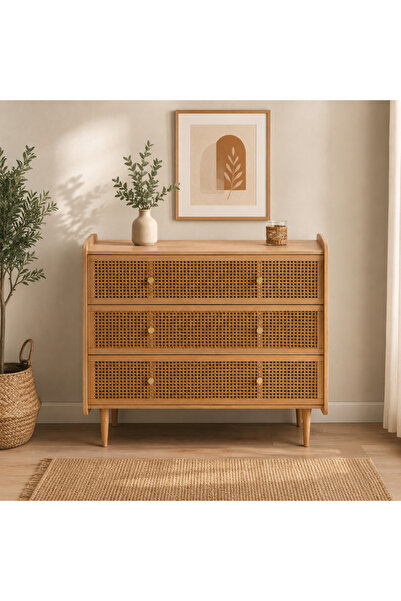 WoodenDecoration01 Velora Masif Ahşap Doğal Rattan 3 Çekmeceli Şifonyer