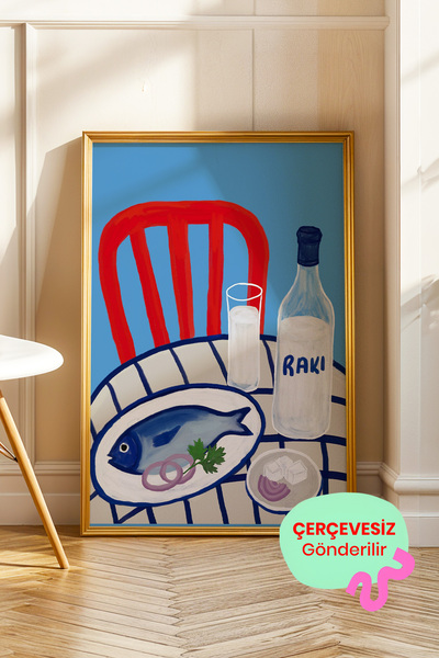 ArtDropsco Balık Sofrası Poster, Akdeniz Temalı Nostaljik İllüstrasyon